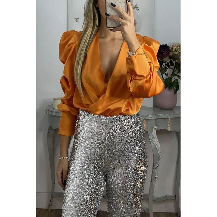Dame Højhalset Satin-top med Puffærmer og Vikkel Design Stiila