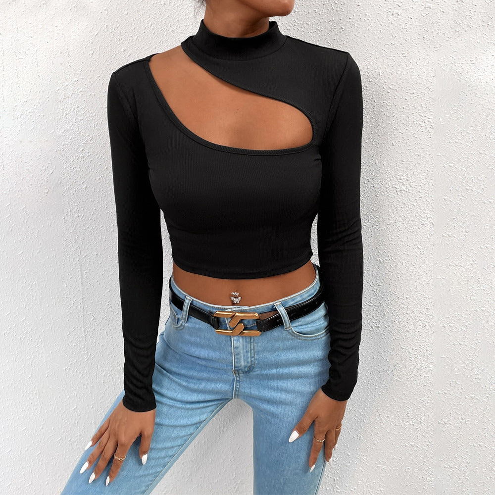 Kvinders langærmet crop top med asymmetrisk halsudskæring og elegant stående krave Stilla