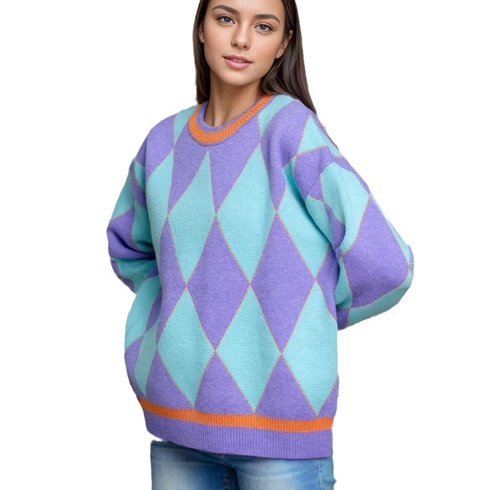 Kvinder Stort Sweater i Diamantmønster med Minimalistisk Pasform Stilla