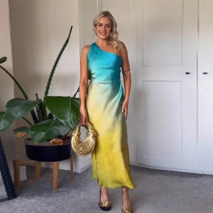 Dame elegante asymmetrisk maxi kjole med blød gradient og komfortabel pasform