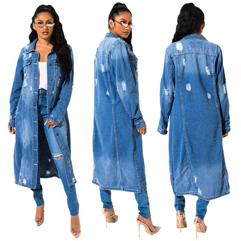 Dame lang Denim-frakke med modige Destroyed-detaljer Stilla