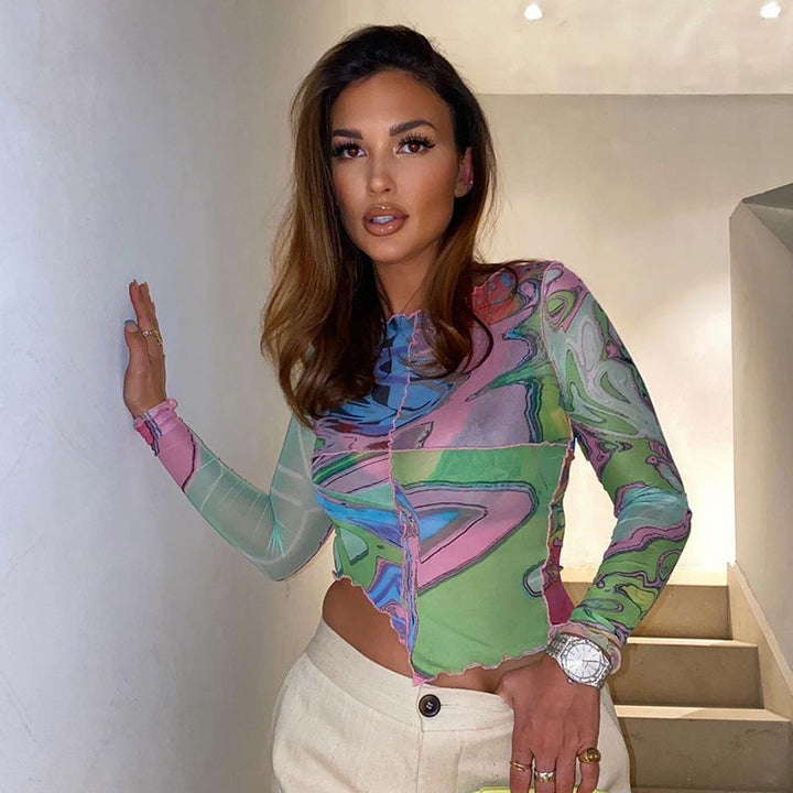 Dame Crop-top med kreative grafiske prints og figursyet snit Skovae