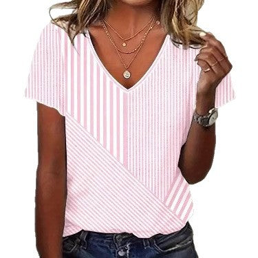 Dame nan striped V-neck blouse with asymmetric stripe mix and short sleeves Skovae