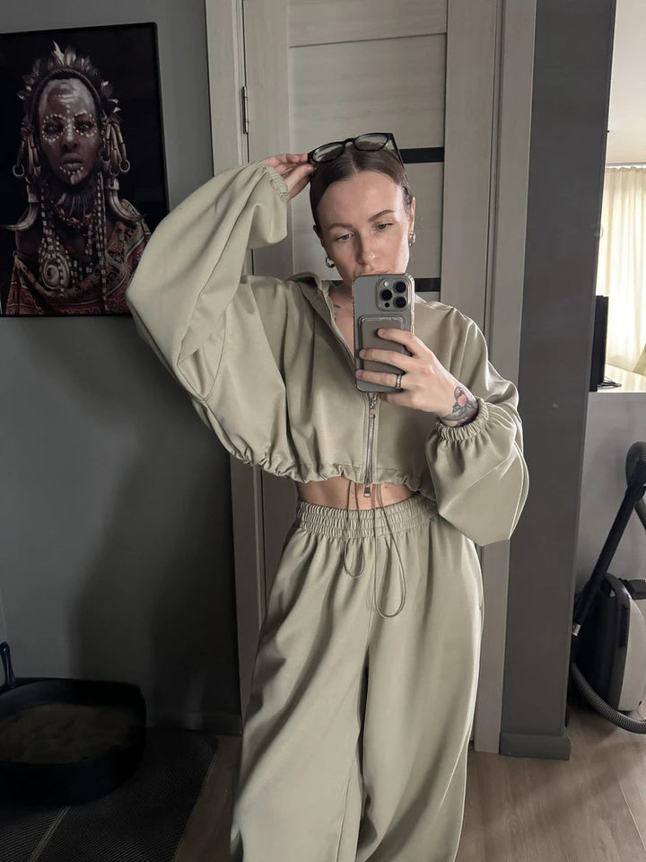 Kvindernes cropped hoodie og løse fritidsbukser sæt Skovae