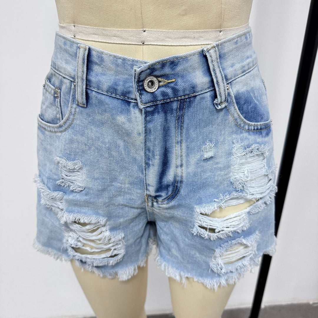 Dame Revnet Denim-Shorts med høj talje og afslappet kant Stilla