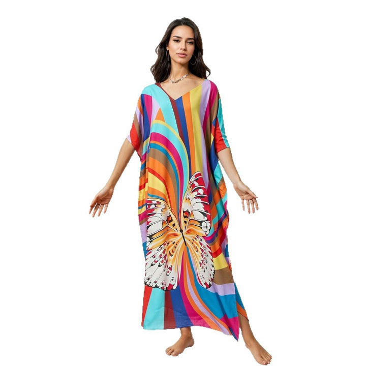 Dame Strandkaftan med farverigt sommerfugletryk Stilla