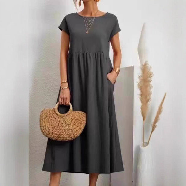 Dame Midi Kjole med Ballonærmer og Praktiske Lommer Stilla