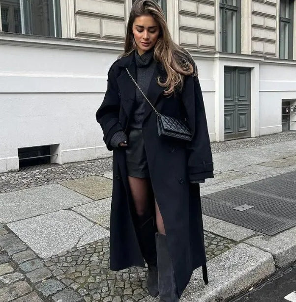 Damer Elegant Lang Trench Coat med Struktureret Standskæde Stilla