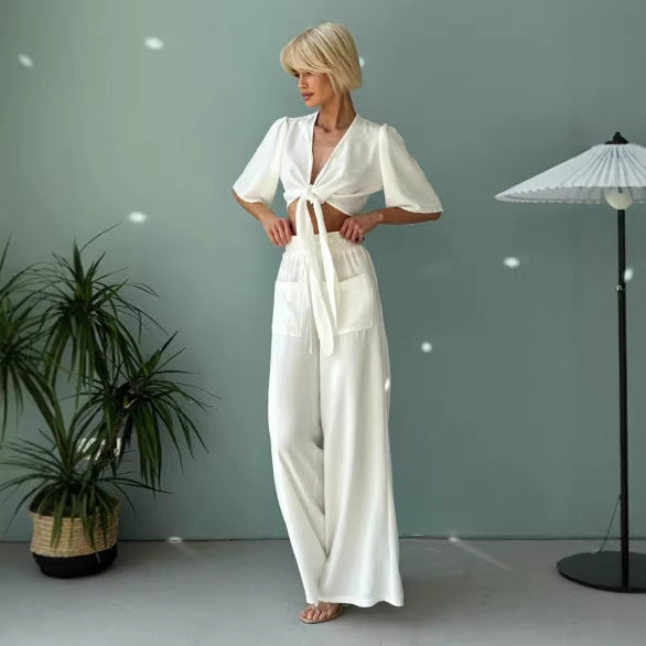Kvinders afslappede crop top og brede højtaljede bukser sæt Skovae