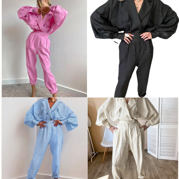 Kvindernes fashionable linned jumpsuit med voluminøse ærmer og elegant bælte Stilla