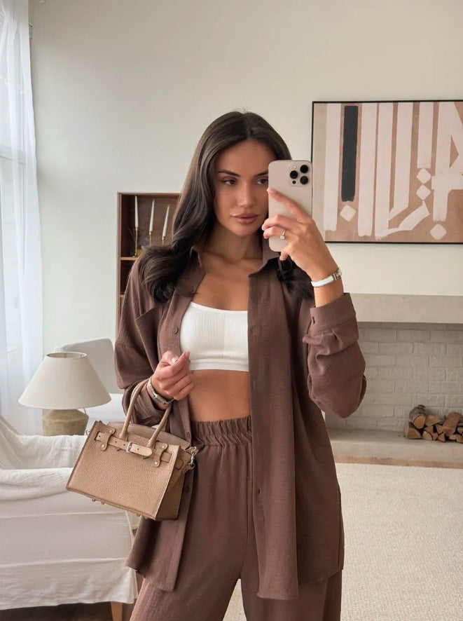 Dame komfortabel Loungewear-sæt med langærmet bluse og brede bukser Stilla