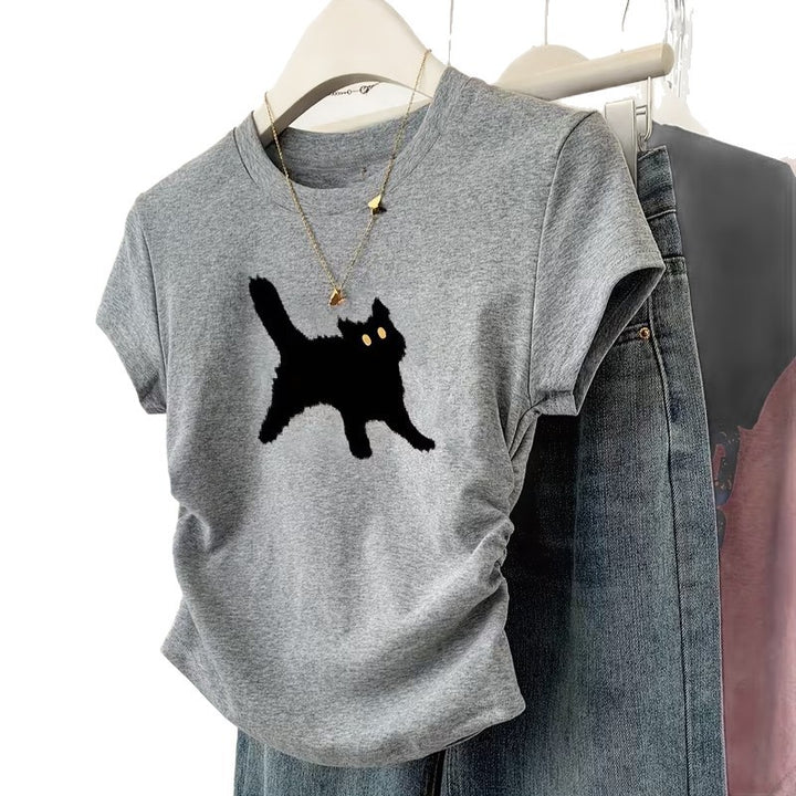 Dame T-shirt med kreativ kattemotiv og afslappet snit Skovae
