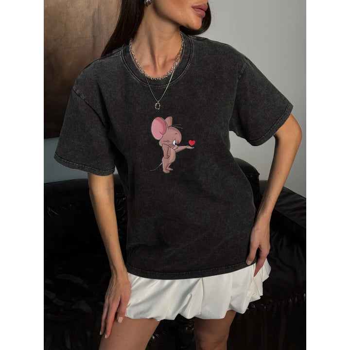 Dame T-shirt med legende musemotiv og afslappet oversized snit Stilla