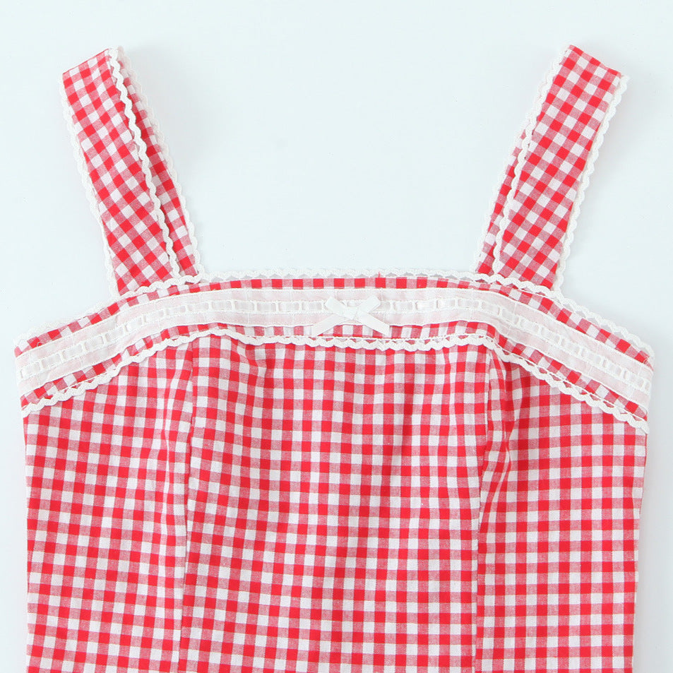 Dame Viskose-Bustier med elegant ruffle dekoration og fint ternet mønster Stilla