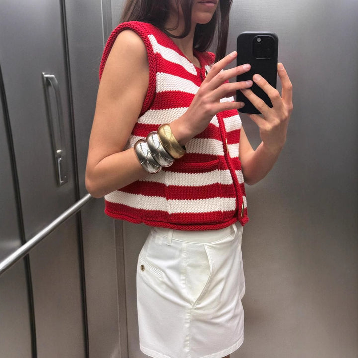 Femme Strikstribet Vest med Dekorative Knapper Stilla