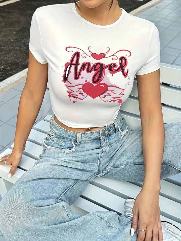 Dame Crop-T-Shirt med iøjnefaldende statement-print Skovae