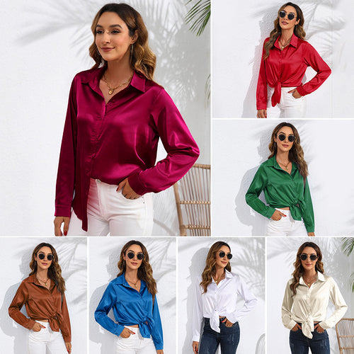 Dame elegant knyttet bluse i satin Stilla