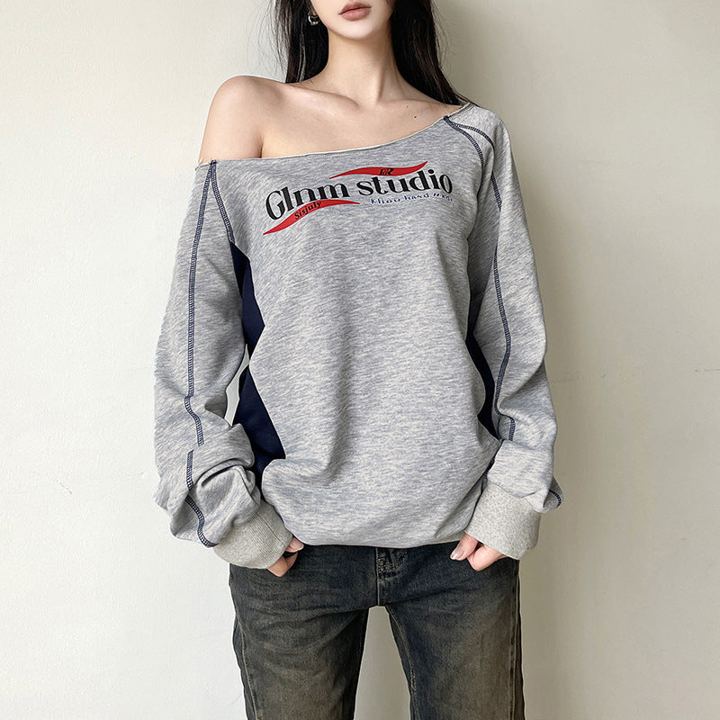 Dame Trendy OverStørrelse-Sweatshirt med legende Off-Shoulder-snit og kontrasterende detaljer Stilla