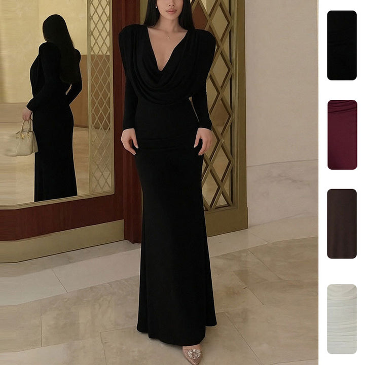 Dame Elegant Maxi Kjole med Sofistikeret Omviklet U-hals og Draperede Detaljer Stilla
