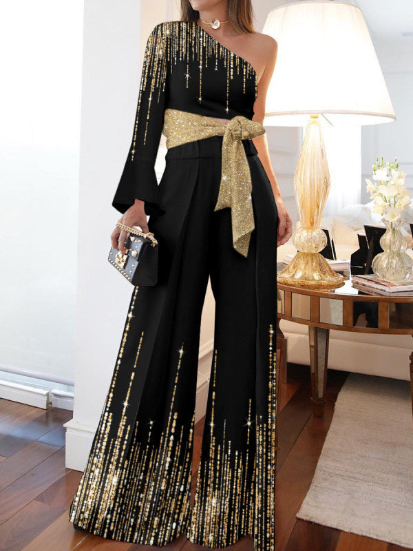 Dame festligt outfit med glitrende overdel og bred bukse Stilla
