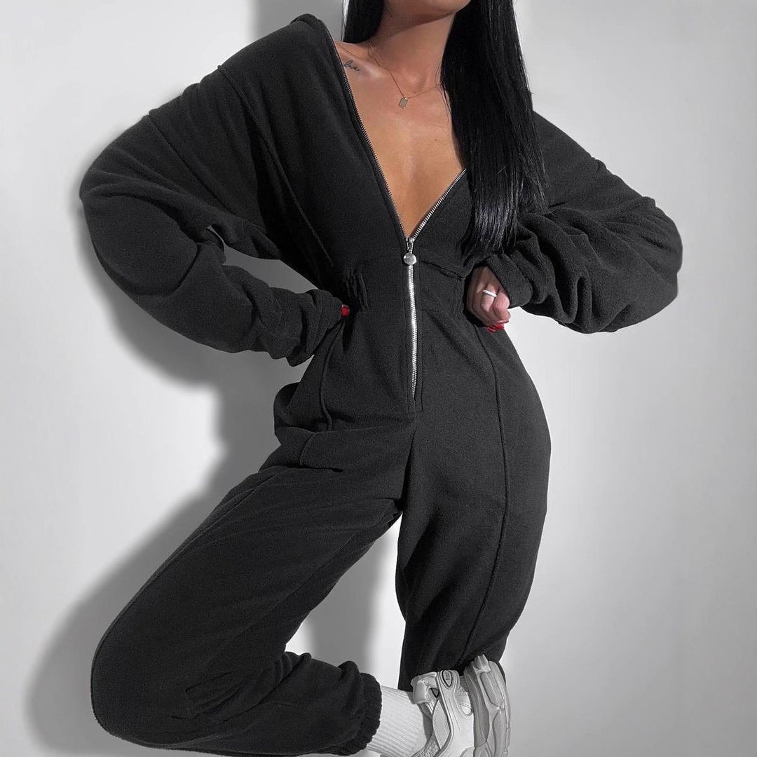 Kvinders fleece jumpsuit med dyb udskæring og lynlås Skovae
