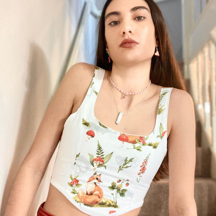 Dame Crop Top med kunstnerisk flora-design og justerbare stropper Skovae