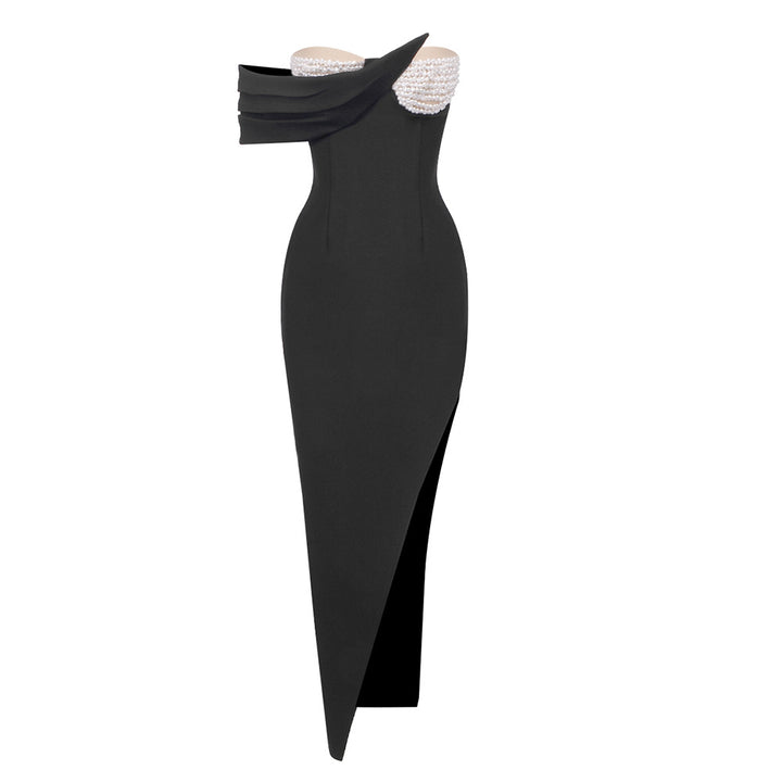 Dame Elegante aftenkjole med asymmetrisk design og kærlige perle detaljer Skovae