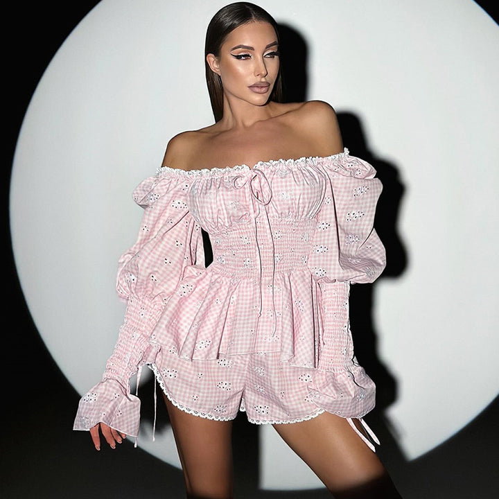 Dame Off-Shoulder Bluse med Puffærmer og rynket kant Stilla