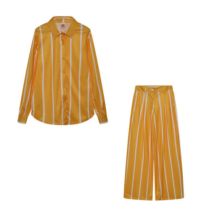 Dame stribet Button-Up Skjorte og bred Bukser Sæt Stilla