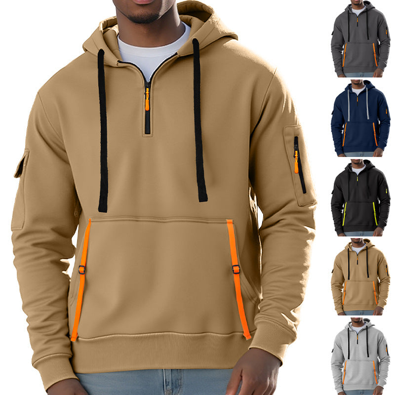 Herrer nan urbaner Tech-hoodie halvziptrøje med utility-ærmelomme, kængurulomme og justerbare lynlås-bånd Skovae