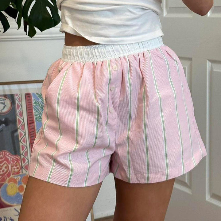 Dame afslappet kort pyjamasbuks med elastisk talje og bindebælte Skovae