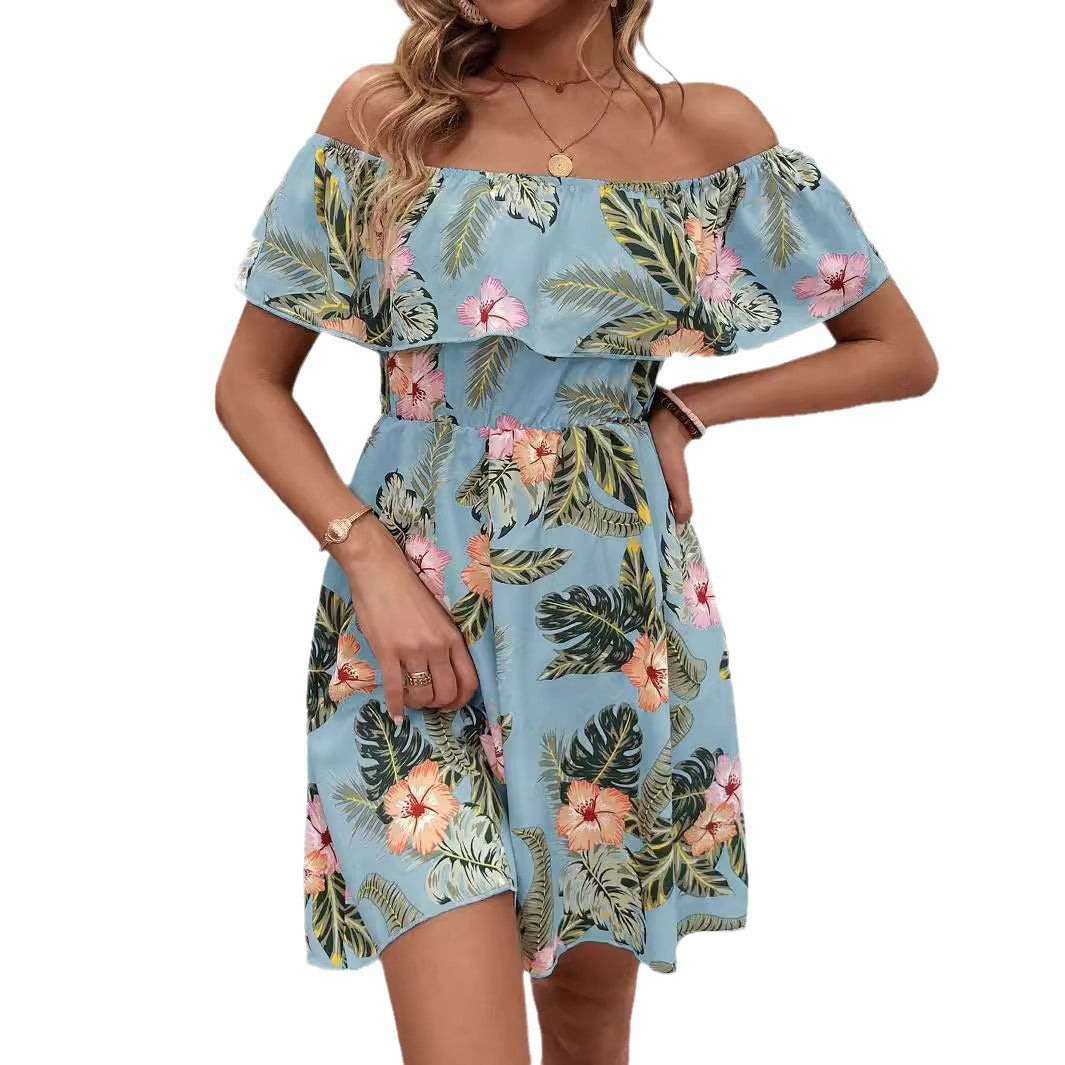 Dame off-shoulder midikjole med volangtop, elastisk talje og udstående A-linje nederdel Skovae