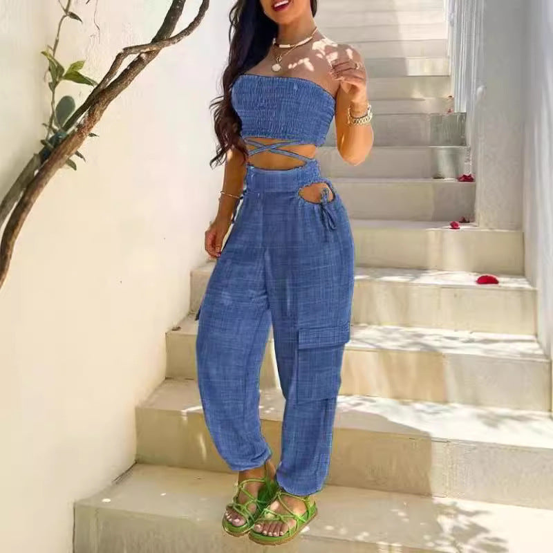 Dame Moderne To-delt bestående af Crop Top og Cargo-Bukser Skovae