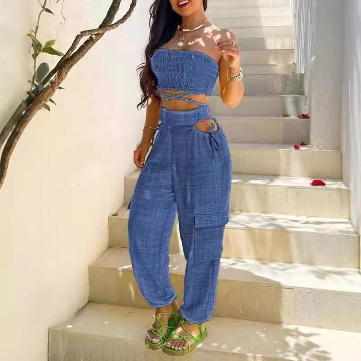 Dame Moderne To-delt bestående af Crop Top og Cargo-Bukser Skovae