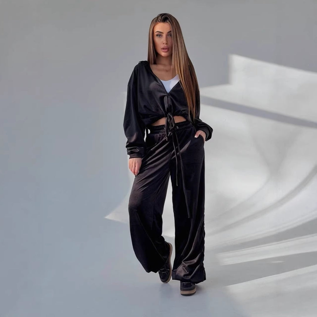 Kvinders Komfortable Lounge Sæt med Casual Crop Hoodie og Bred Bukser Skovae