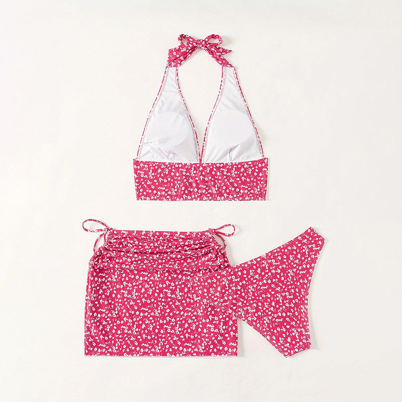 Dame Triangle-Bikini-Sæt med høj hals top og blomsterdesign Skovae