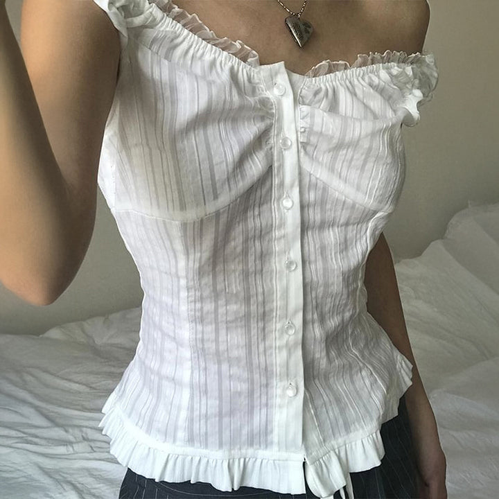 Dame Off-Shoulder Bluse med Rüschendetails og Knopliste Stilla