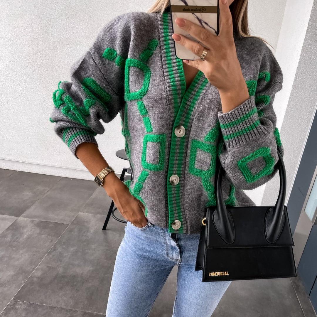 Kvinders oversized cardigan med farverigt geometrisk mønster Skovae
