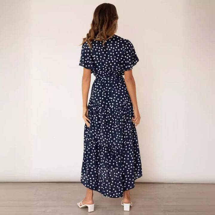 Dame Vintage Inspireret Polka Dot Maxi Kjole med Bindebånd Detalje Stilla