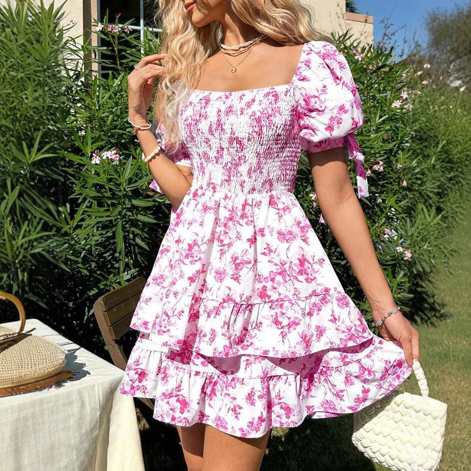 Dame blomsterprint rynket mini kjole Stilla