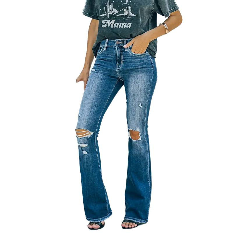 Dame Flared Jeans i vintage-stil med afslappet destroyed-effekt Skovae