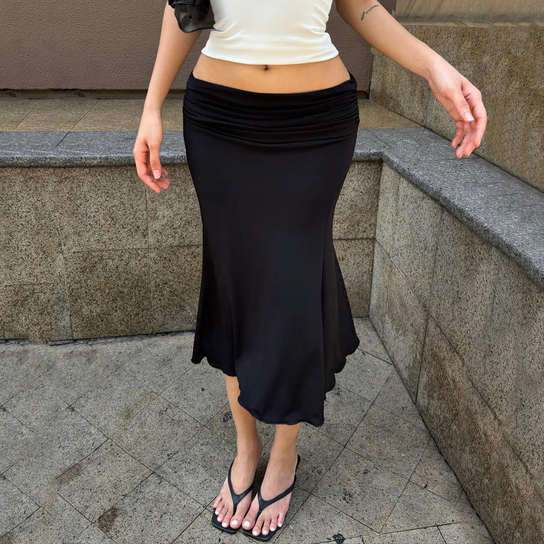 Damen eleganter, fließender Midi-Rock mit dehnbarem Bund und geschwungenem Saum Skovae