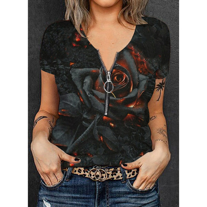 Damer Mode T-shirt med lynlås og blomsterdesign Skovae