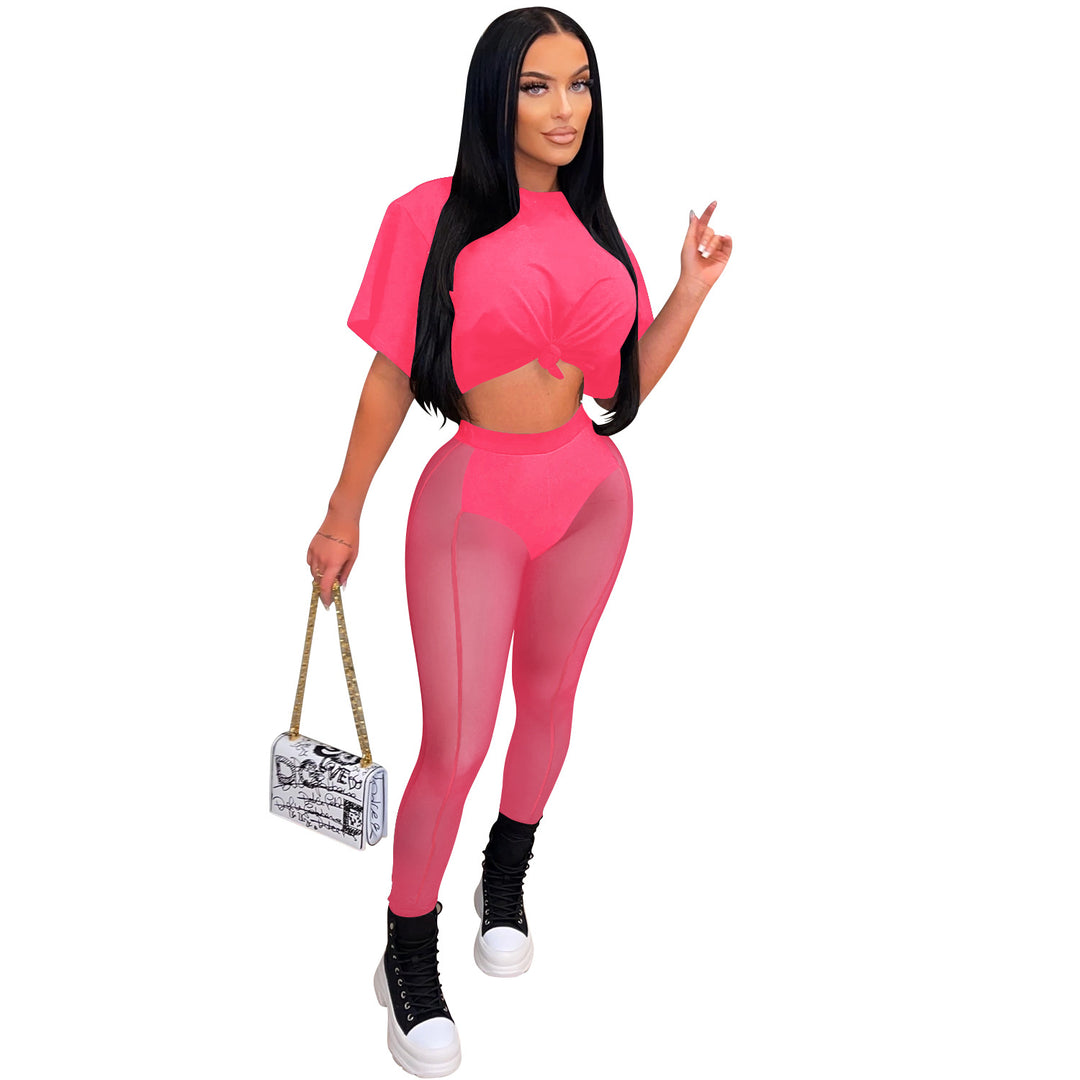 Dame sæt bestående af kort top og figursyet leggings med gennemsigtige indsatser Stilla