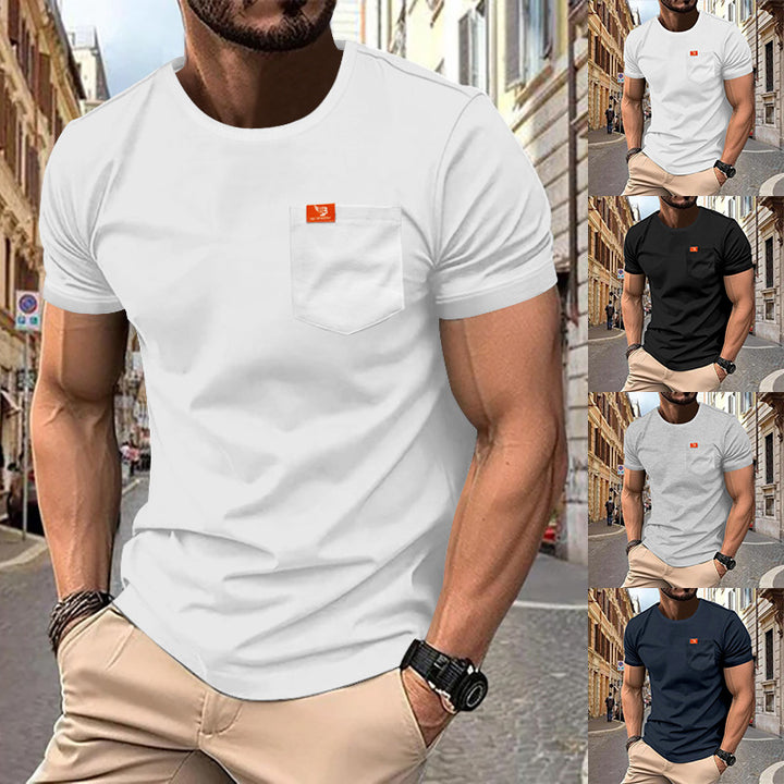 Herrer nan klassisk rundhals T-shirt med brystlomme og forstærket kant Skovae