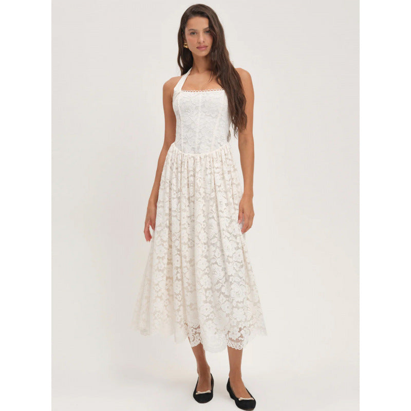 Damen luftiges Sommerkleid mit romantischem Spitzenoberteil und elastischem Taillenbund Skovae
