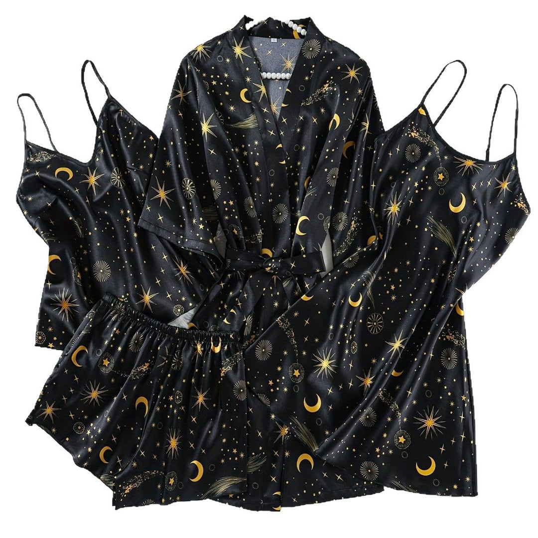 Femme Celestial Satin Nattøj Sæt med Kimono Morgenkåbe Stilla