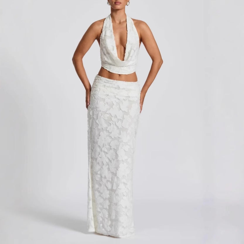 Femme Halterhals Floral Overlay Maxi Kjole Stilla