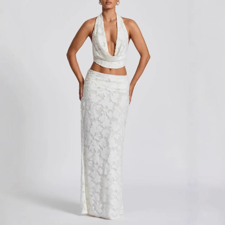 Femme Halterhals Floral Overlay Maxi Kjole Stilla