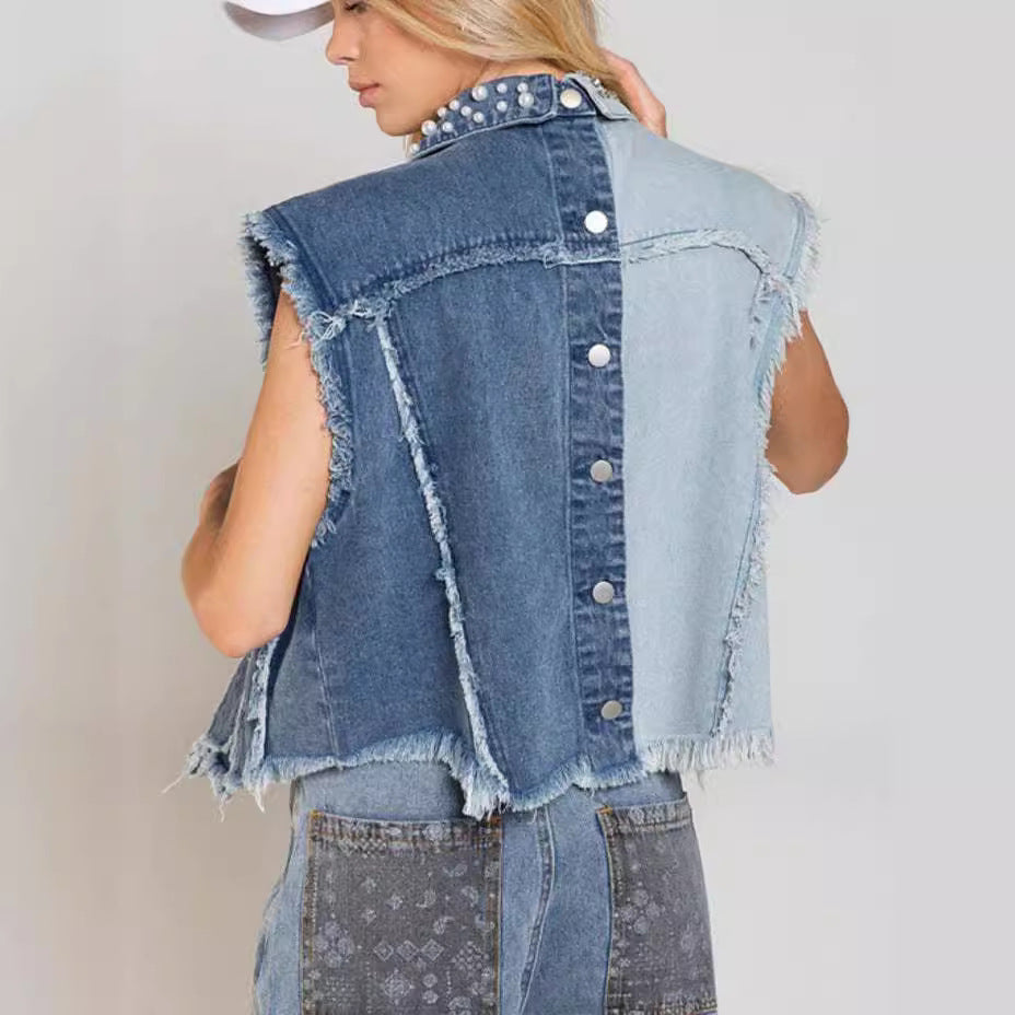 Dame jeansvest med kunstperler og frynser Stilla